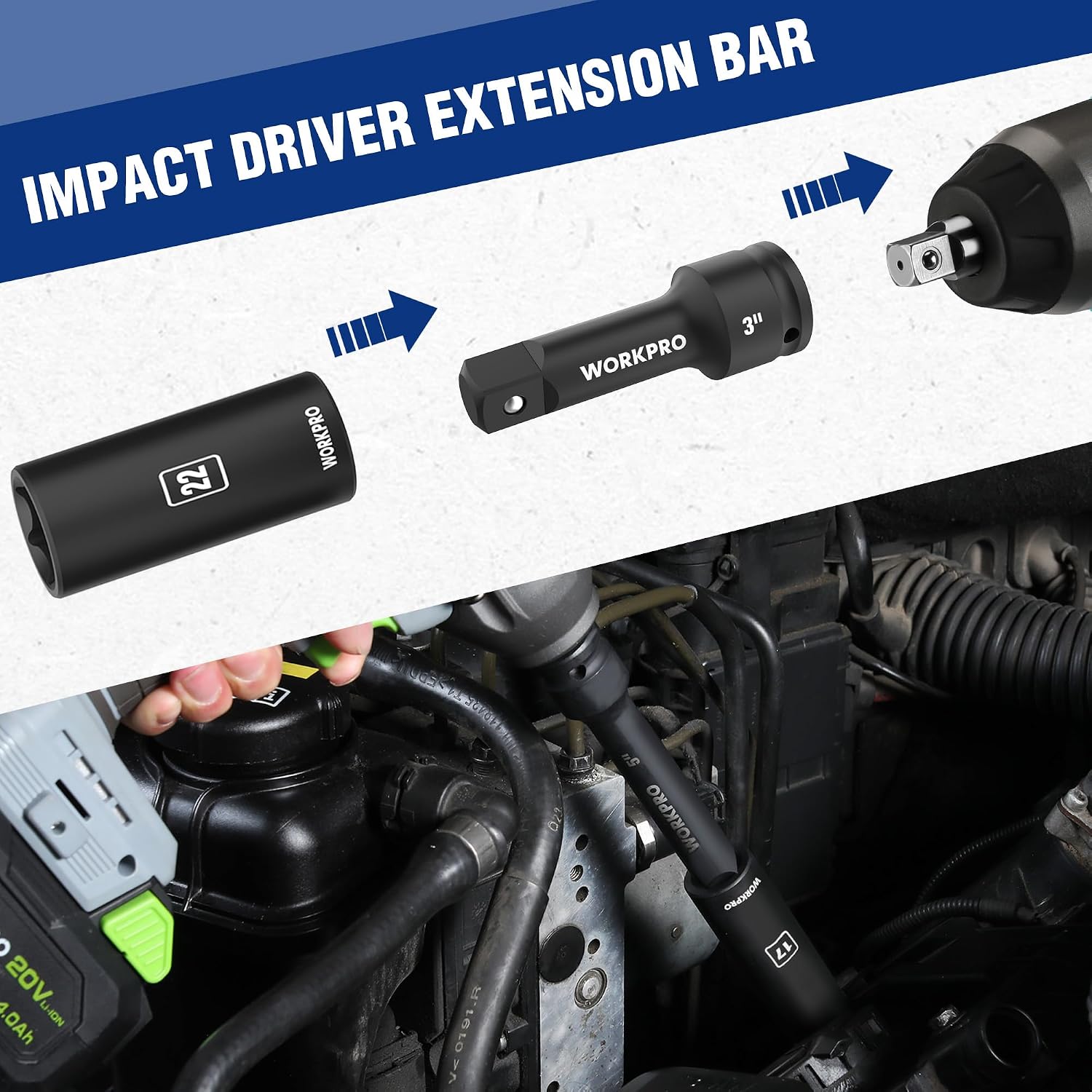 WORKPRO 1/2' Drive Impact Socket Set, 65PCS SAE(3/8'-1-1/4') and Metric(10-24mm) Deep & Shallow Kit, Ratchet Handle, Extension Bar, Impact Universal Joint and Adapters for Automotive Repair