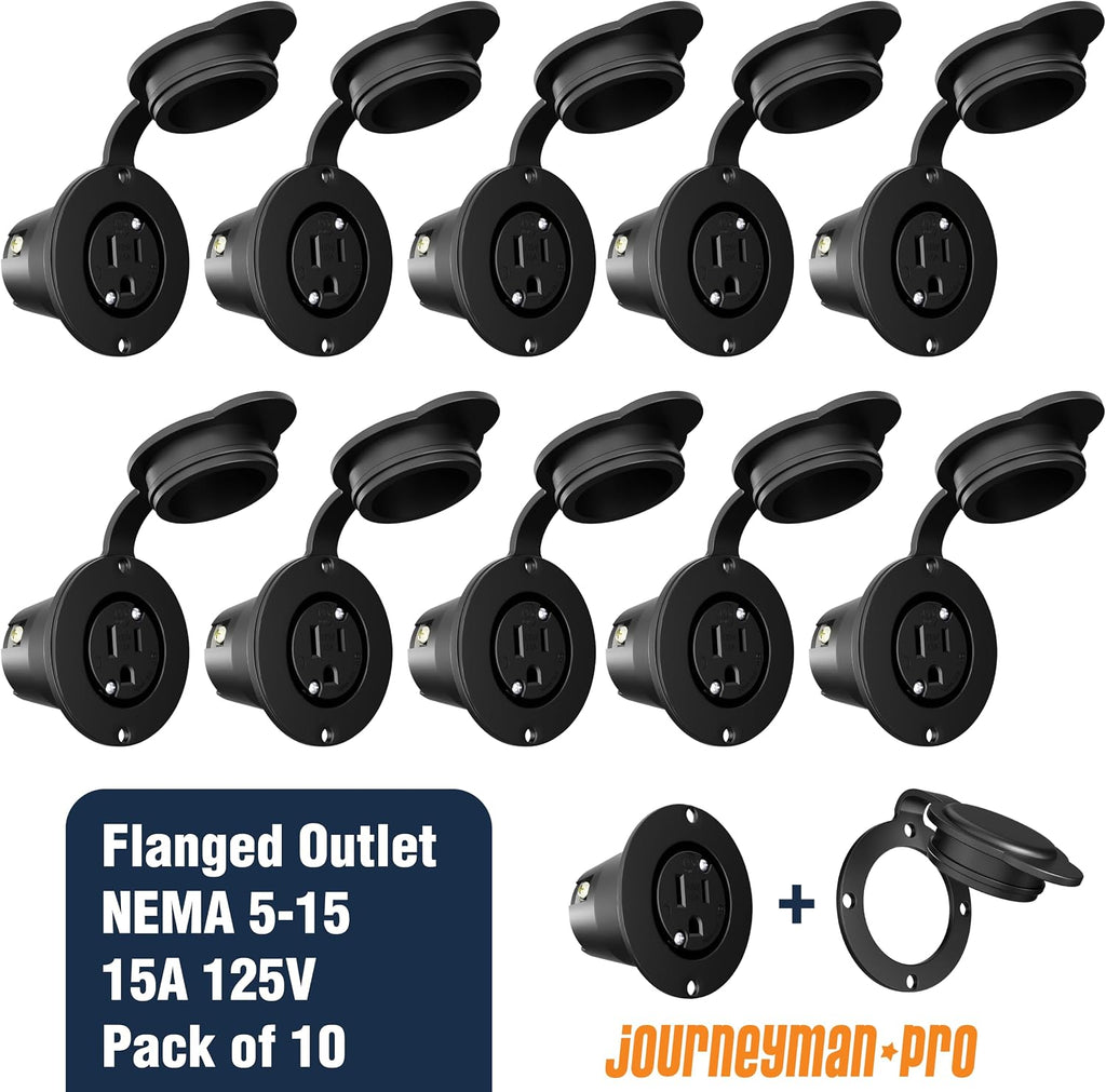 Journeyman-Pro 5279 15 Amp 120-125 Volt, NEMA 5-15 Flanged Outlet, Black Commercial Grade, 2 Pole-3 Wire, Straight Blade Plug Outdoor Receptacle, Surface Mount Outlet (Front Cover Only, 10-Pack)