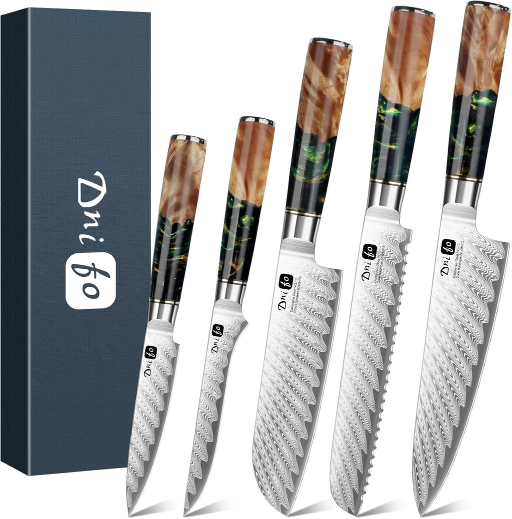 5 Pieces Damascus Knife Set, Japanese Chef Knife Set with Galaxy Pattern Resin Handle, 67-Layers Damascus Steel, Gift Box Included 5' Paring, 6' Boning, 7' Santoku, 8' Chef & 8' Bread Damascus Knives