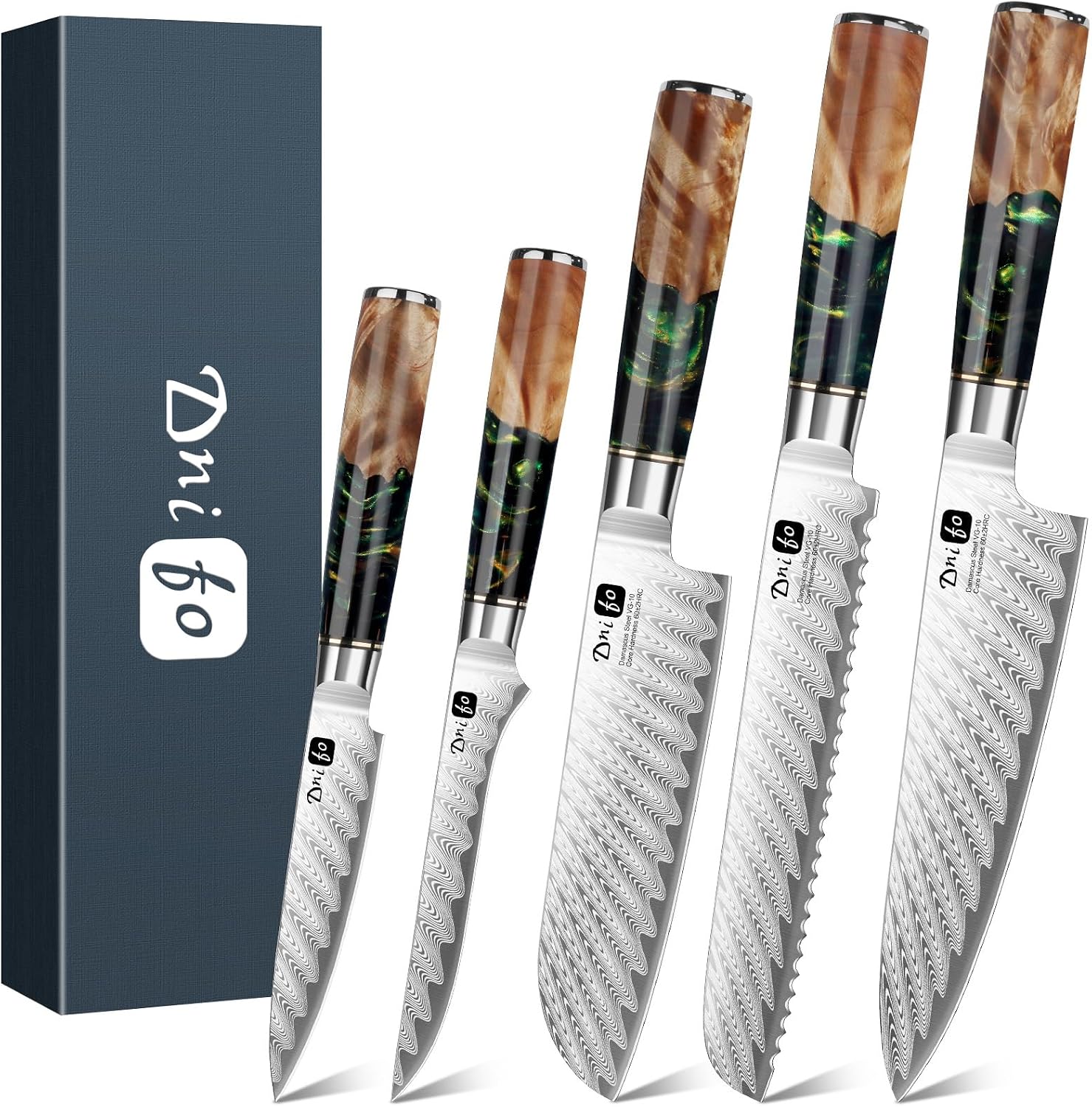 5 Pieces Damascus Knife Set, Japanese Chef Knife Set with Galaxy Pattern Resin Handle, 67-Layers Damascus Steel, Gift Box Included 5' Paring, 6' Boning, 7' Santoku, 8' Chef & 8' Bread Damascus Knives
