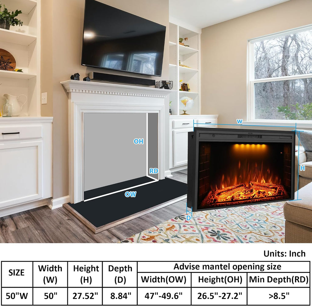 50 inch Electric Fireplace, Wall Fireplace Electric with Remote Control, Realistic Log and Crackling Sound, Overheating Protection and Timer, 750/1500W Black