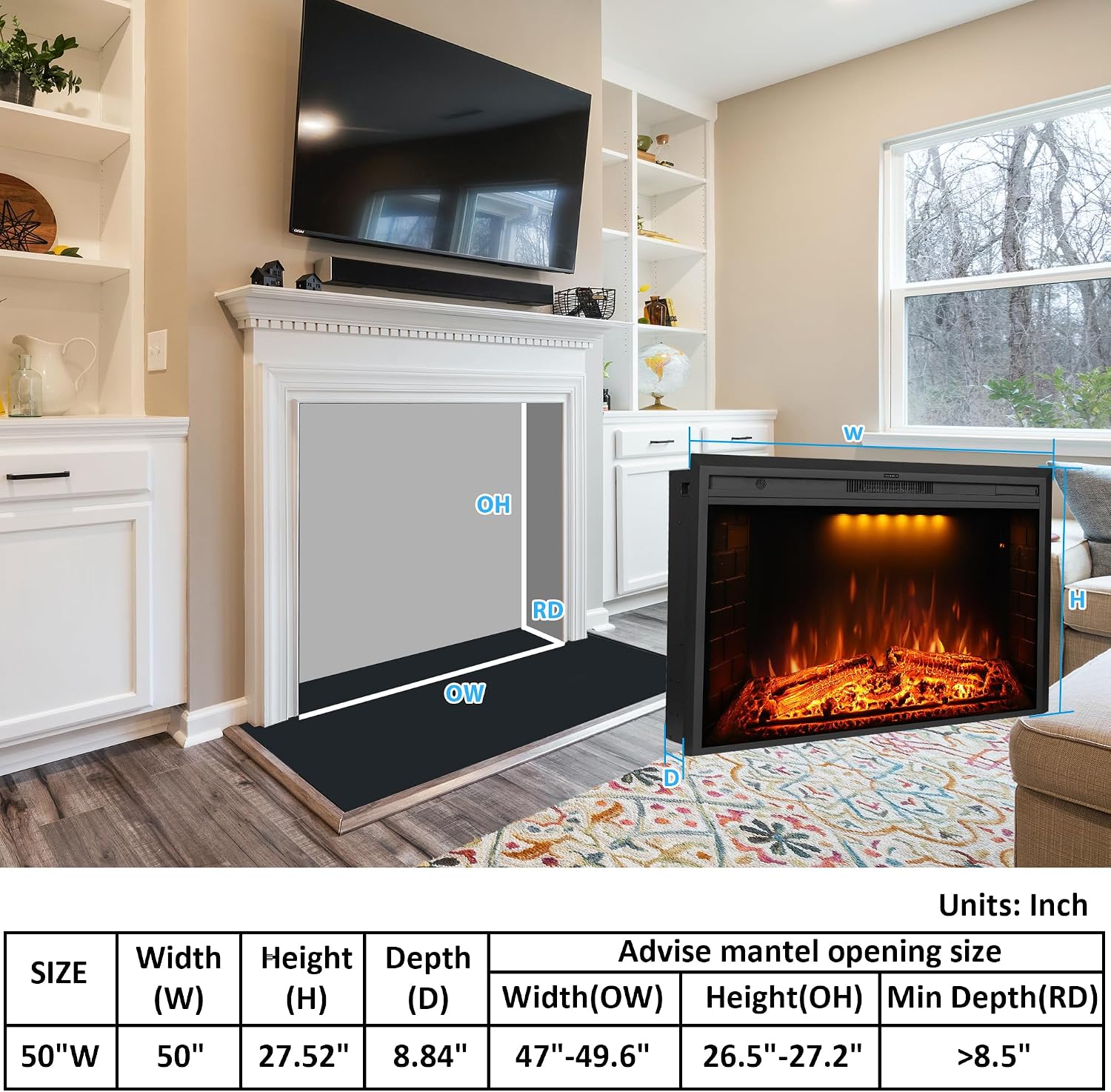 50 inch Electric Fireplace, Wall Fireplace Electric with Remote Control, Realistic Log and Crackling Sound, Overheating Protection and Timer, 750/1500W Black