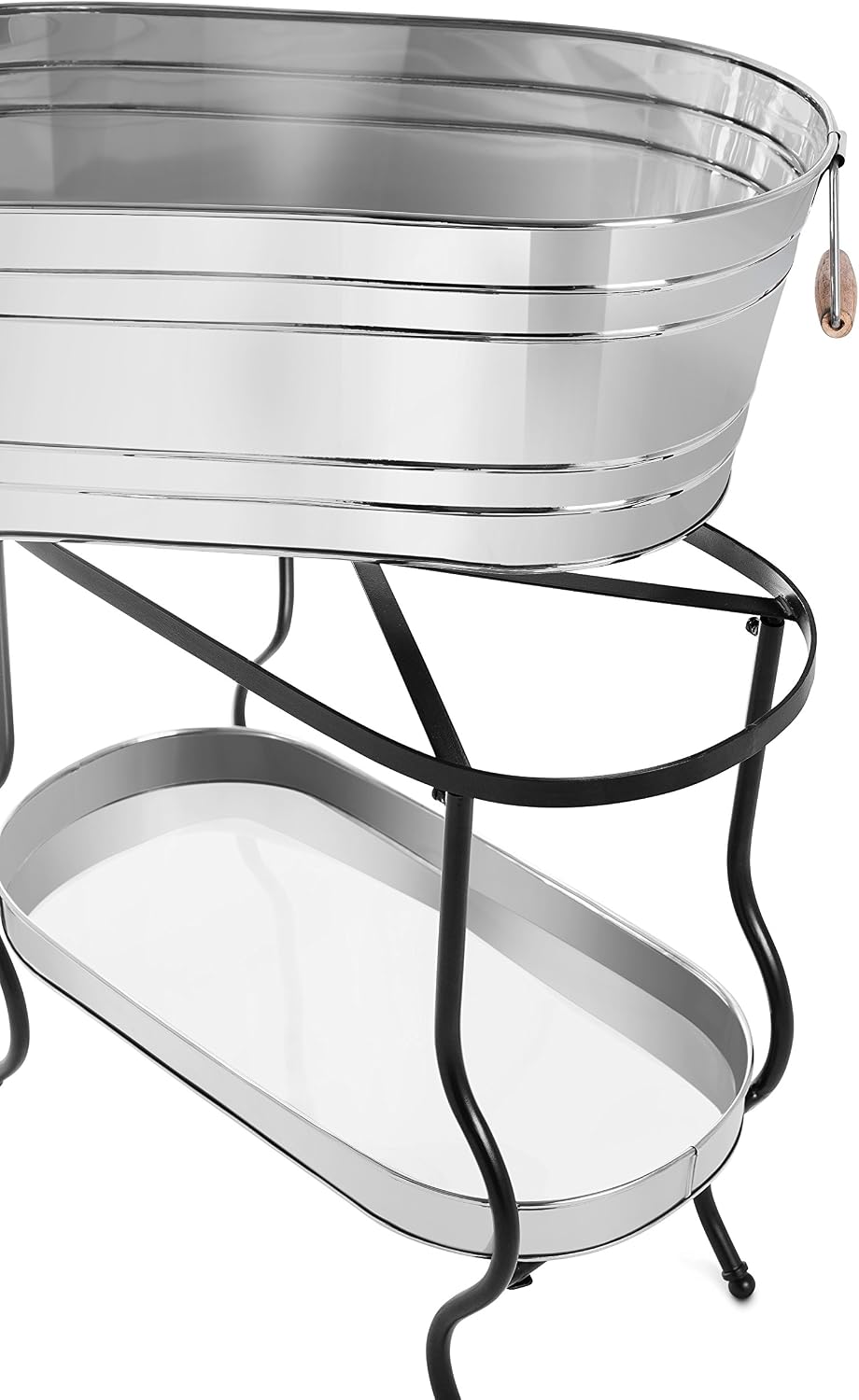 BirdRock Home Stainless Steel Beverage Tub with Stand - Oval - Bottom Tray - Party Drink Holder - Wooden Handles - Outdoor or Indoor Use - Free Standing