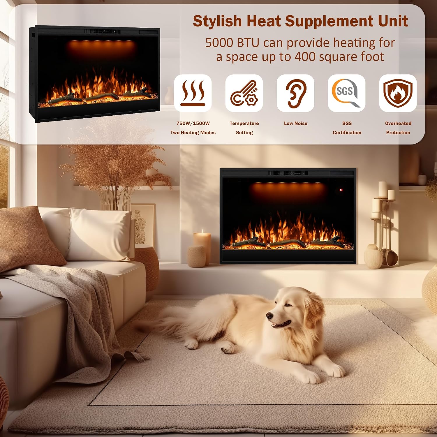 Electric Fireplace Inserts 36inches Wide, Recessed in Wall Fireplace Heater w/Remote Control, 3 Colors Led Top Light& Realistic Flame w/ 5 Brightness, Thermostat, 750W/1500W, Black