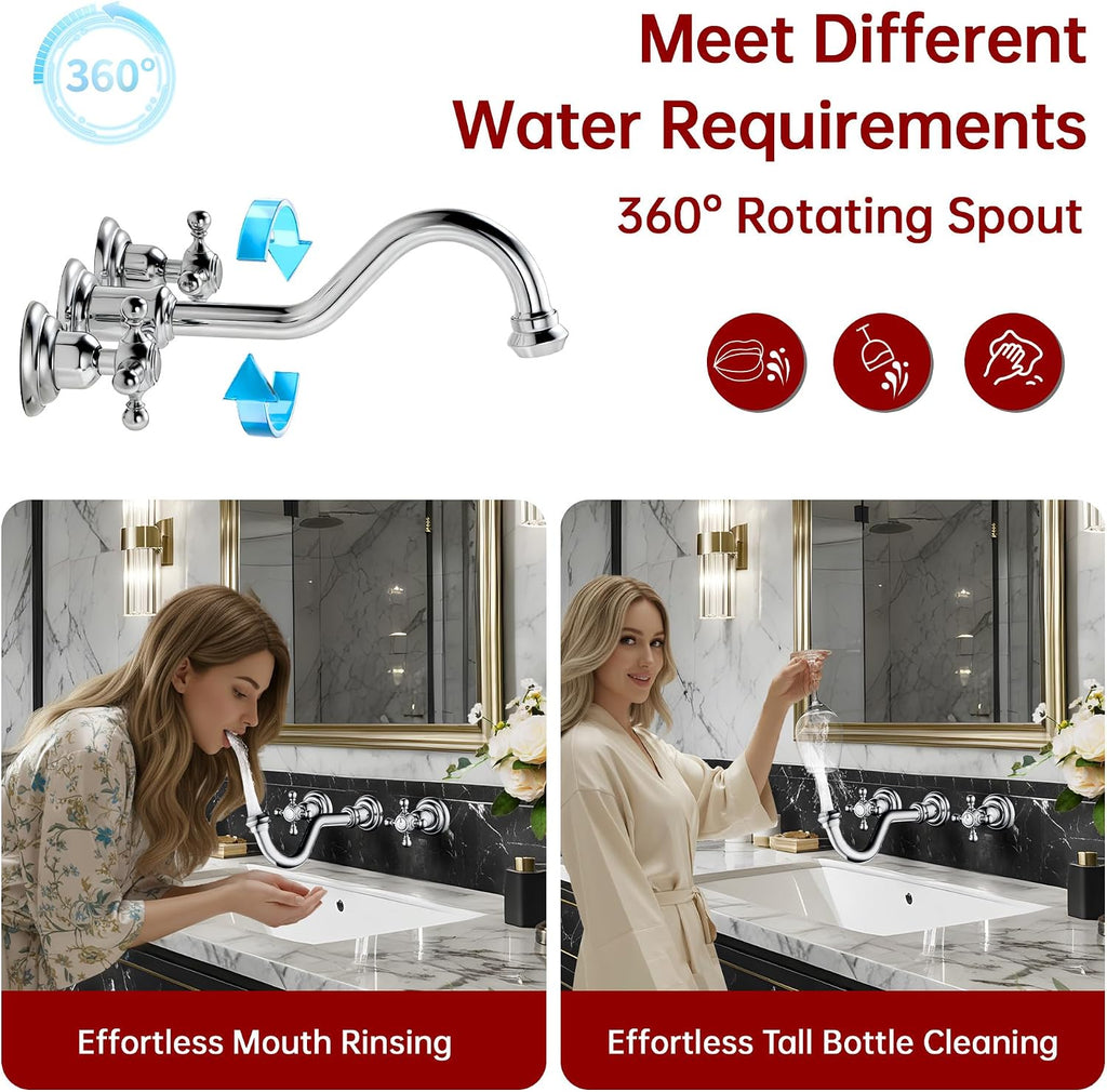 SUMERAIN Wall Mount Vintage Bathroom Vessel Sink Faucet,3 Holes Cross Knobs Brass Lavatory Basin Faucet, Chrome Finish with Included Rough-in Valve