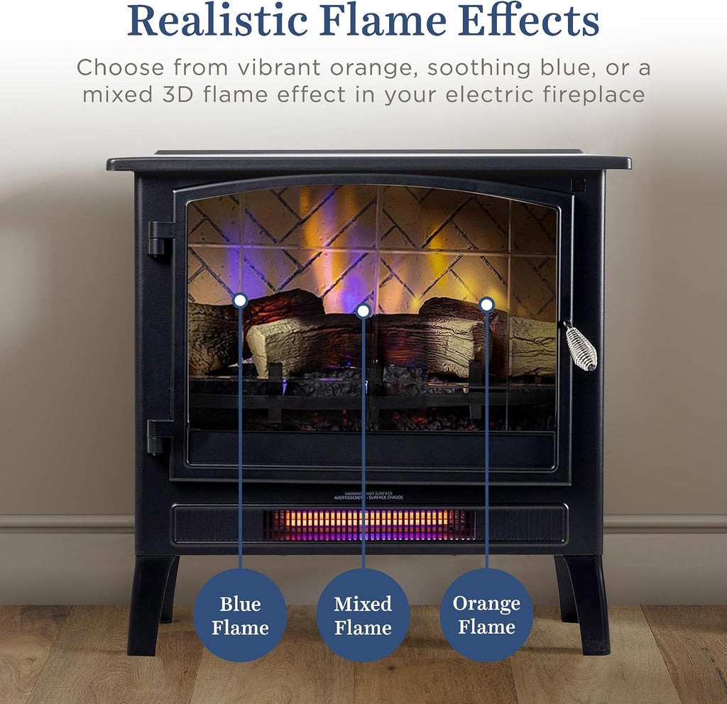 Country Living Infrared Freestanding Electric Fireplace Stove Heater in Black | Multiple Flame Colors, Metal Design with Faux Wooden Logs | Alexa/WiFi Enabled - Remote Included