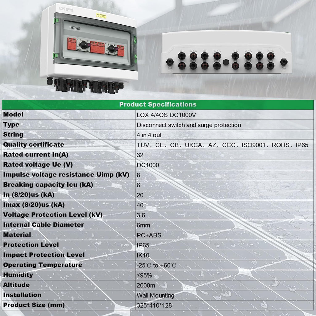 4 Strings Solar Disconnect Switch 32 Amp DC1000V with Lightning Surge Protector Arrester and IP65 Solar PV Combiner Breaker Box 4in 4out for Outdoor Solar Panel System