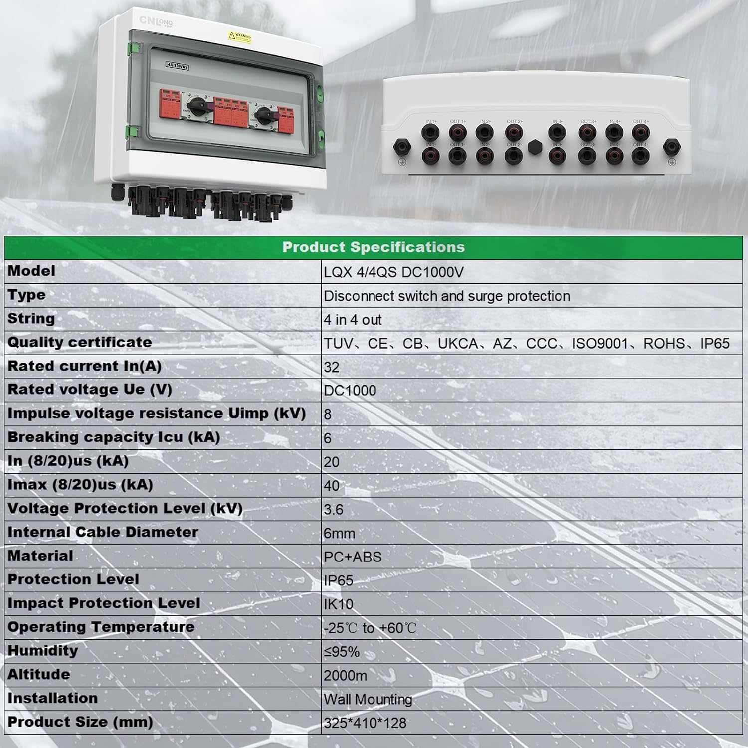 4 Strings Solar Disconnect Switch 32 Amp DC1000V with Lightning Surge Protector Arrester and IP65 Solar PV Combiner Breaker Box 4in 4out for Outdoor Solar Panel System