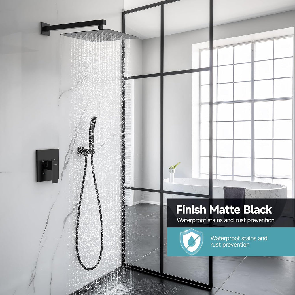 SR SUN RISE Shower Faucet Set & System - 12 Inch Rainfall Shower Head & Handle Set Wall Mounted Matte Black Solid Brass Valve Trim Kit Included