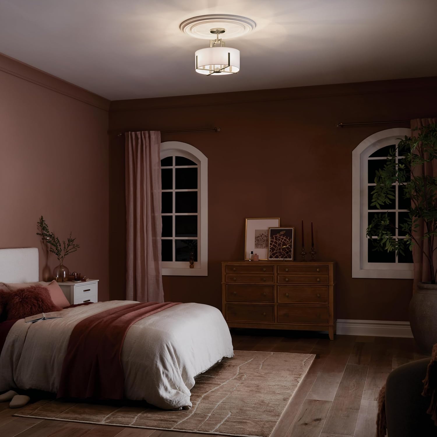Kichler Malen 4-Light Semi Flush Mount Ceiling Light Fixture, Modern Convertible Semi-Flush or Pendant Light with Fabric Shade in Champagne Bronze, Bedroom or Hallway, (15' Dia x 14.25' H), 52591CPZ