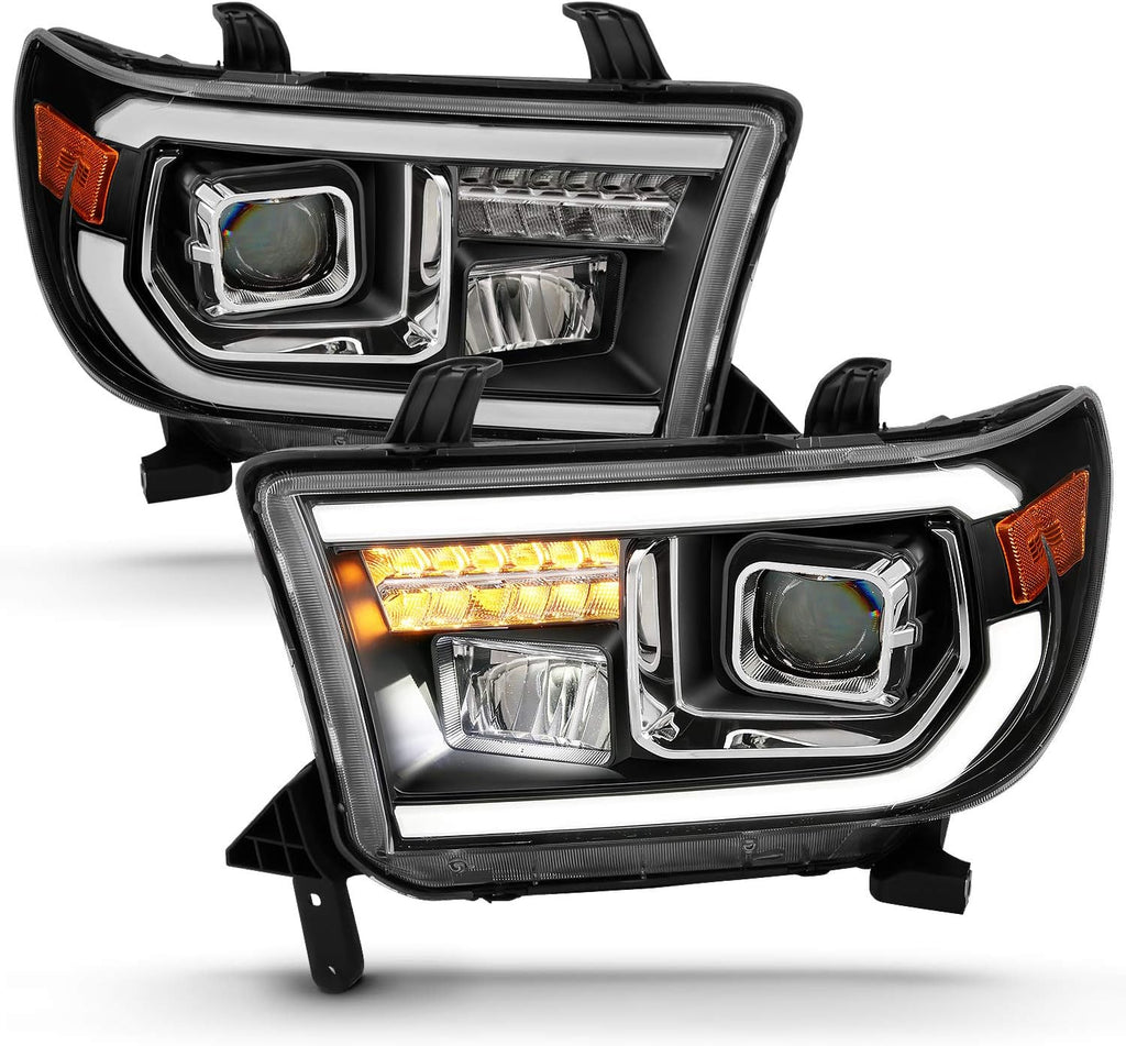 AmeriLite Replacement for 2007-2013 Toyota Tundra | 2008-2017 Sequoia Quad Projector w/High Power LED Tube & Signal Set - Passenger and Driver Side