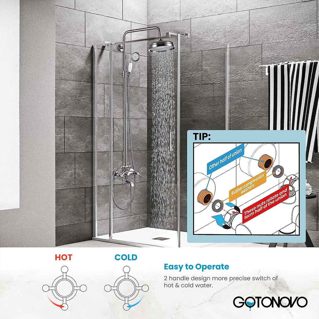 gotonovo Bathroom Shower Faucet Rain Mixer 8 Inch Round Shower Head Double Cross Handle with Tub Spout Wall Mount Bathroom Shower Fixtures 3 Function Metal Handheld Sprayer Brushed Nickel