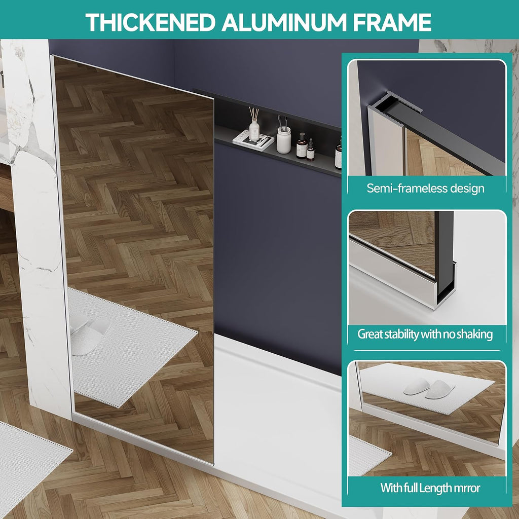 36' W x76 H Frameless Shower Glass Panel w/Full Length Mirror, 3/8',Chrome | Fixed Shower Screen; 10mm Tempered Glass; Nano Coating;Aluminum Alloy Material
