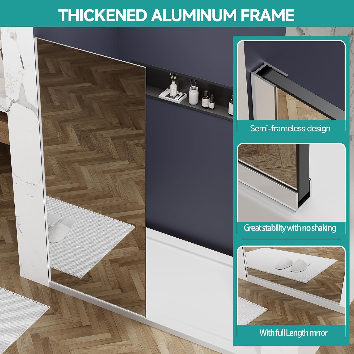 36' W x76 H Frameless Shower Glass Panel w/Full Length Mirror, 3/8',Chrome | Fixed Shower Screen; 10mm Tempered Glass; Nano Coating;Aluminum Alloy Material
