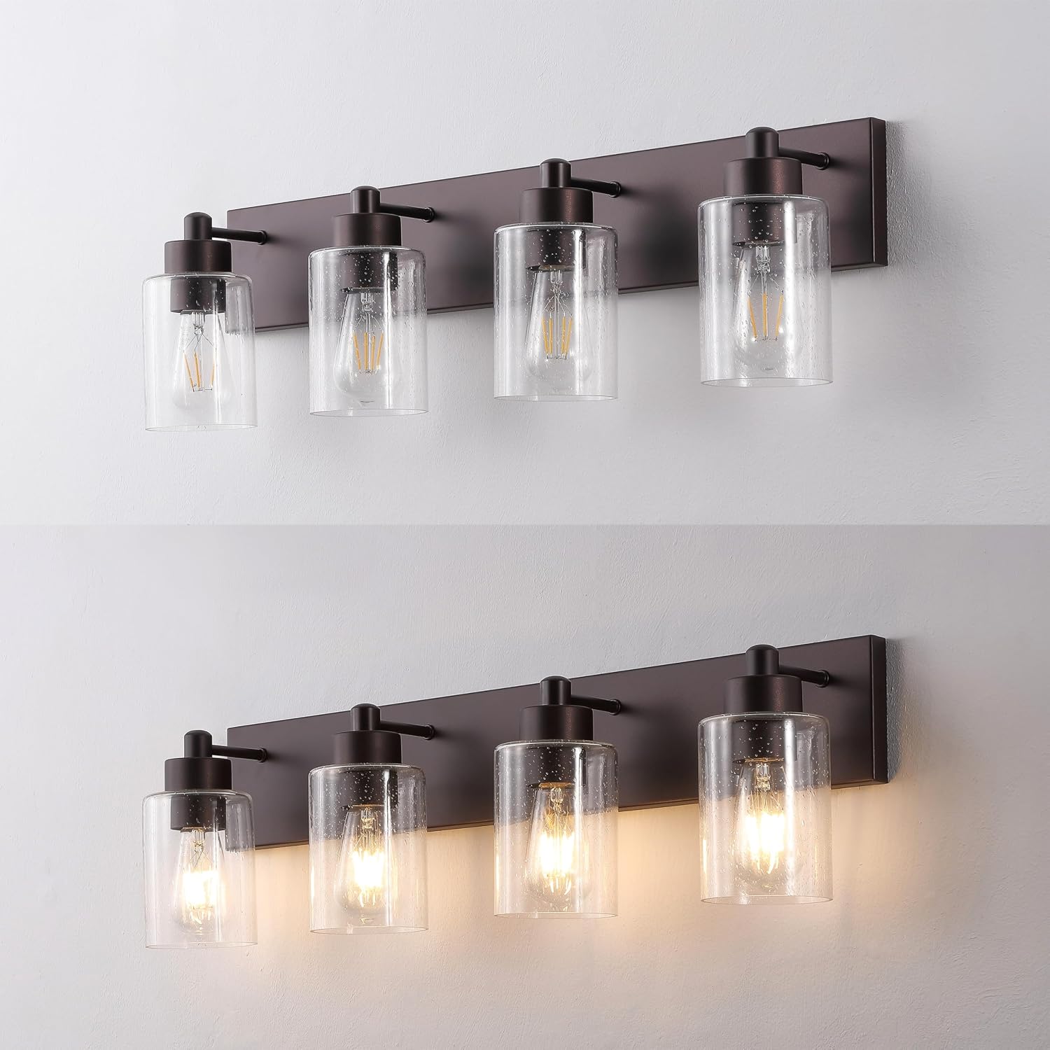 JONATHAN Y 27.75' Oil Rubbed Bronze/Clear 4-Light Modern LED Vanity Light for Bathroom Mirror, Mid-Century Wall Sconce with Clear Seeded Glass Shades, Contemporary Iron Fixture, LED Bulbs (JYL7558E)