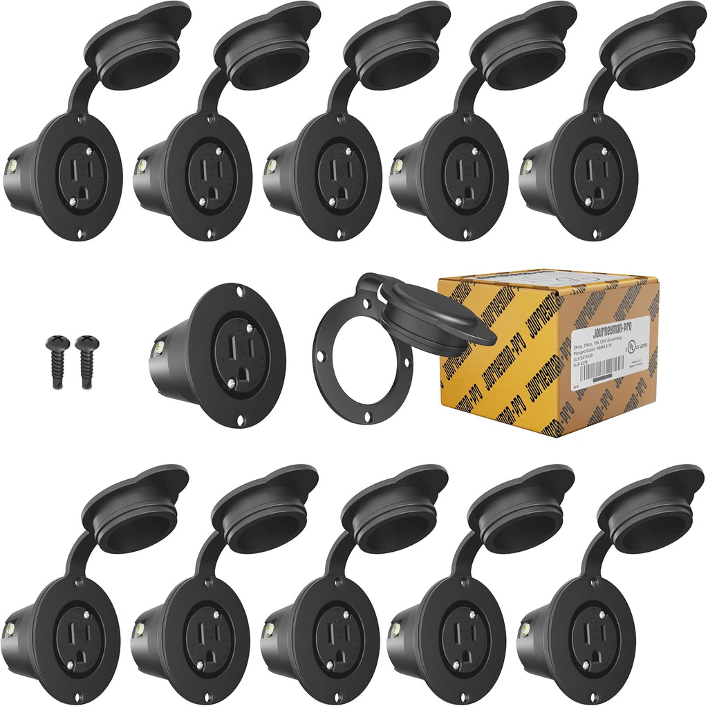 Journeyman-Pro 5279 15 Amp 120-125 Volt, NEMA 5-15 Flanged Outlet, Black Commercial Grade, 2 Pole-3 Wire, Straight Blade Plug Outdoor Receptacle, Surface Mount Outlet (Front Cover Only, 10-Pack)