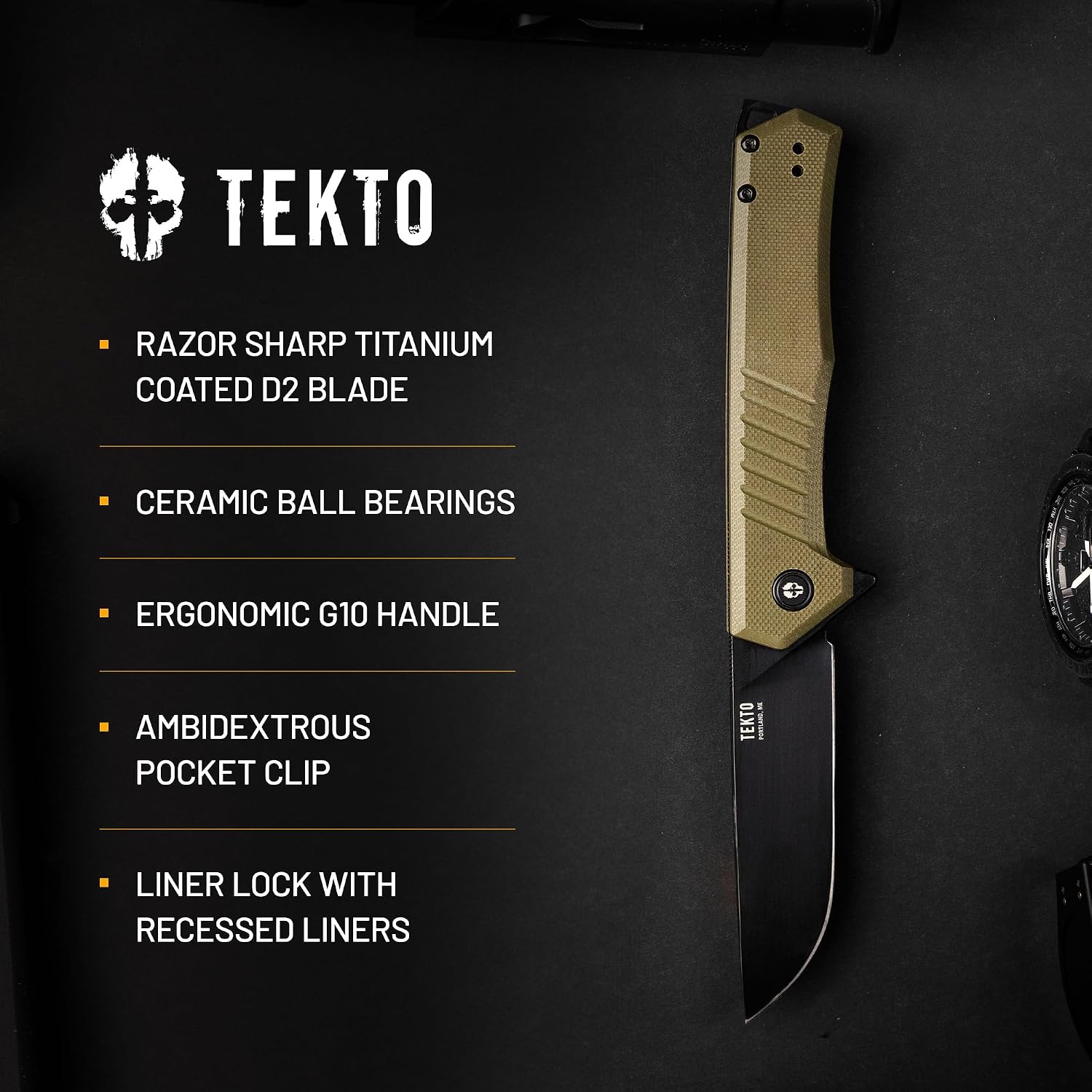 TEKTO F1 Alpha Folding Pocket Knife - Modified Straight Back Blade, Titanium Coated D2 Steel, Tactical Knife, EDC Folding Pocket Knives for Camping, Hunting & Backpacking - G10 OD Green, Black Accents