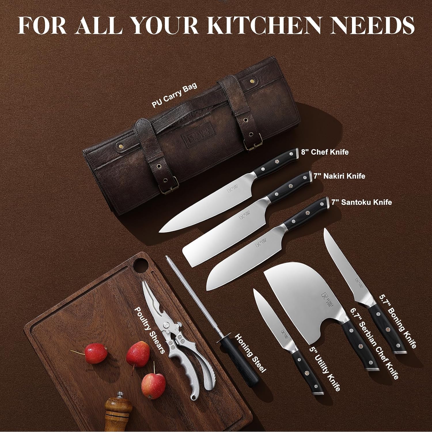 Chef Knife Set, Meat Boning Carving Cleaver Butcher Knife, High Carbon Steel Japan Nakiri Santoku Knife Set with Accessories for Kitchen, BBQ Camping Knives Set with Bag