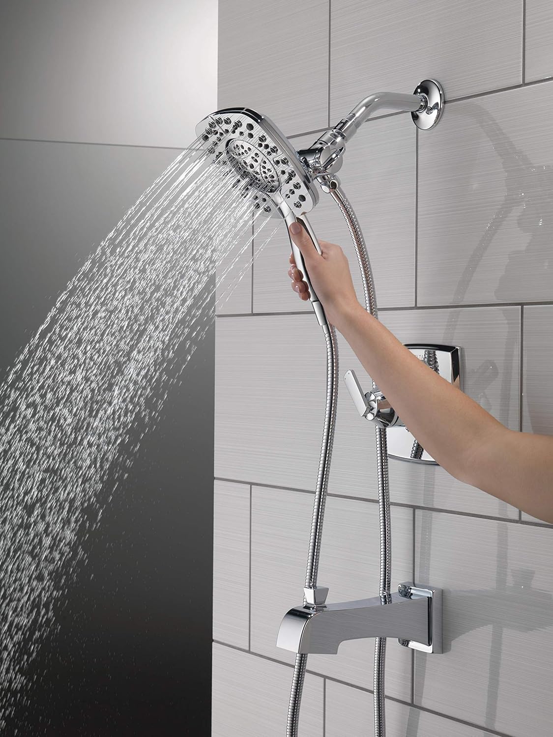 Delta Faucet Ashlyn 17 Series Dual-Function Tub and Shower Trim Kit with 2-Spray Touch-Clean In2ition 2-in-1 Hand Held Shower Head with Hose, Chrome T17464-I (Valve Not Included)