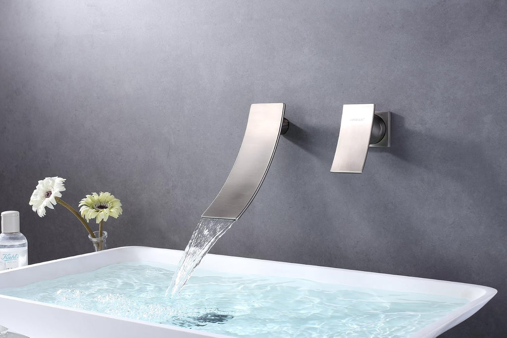 Sumerain Wall Mount Faucet Brushed Nickel,Single Handle Bathroom Sink Faucet with Waterfall Spout