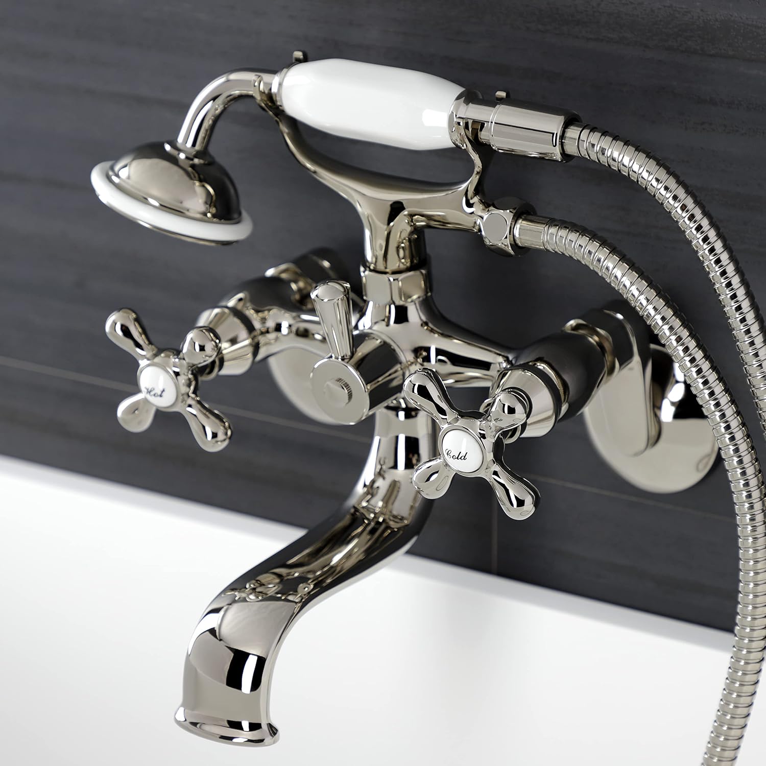 Kingston Brass KS226PN Kingston Wall Mount Tub Faucet with Hand Shower, Polished Nickel
