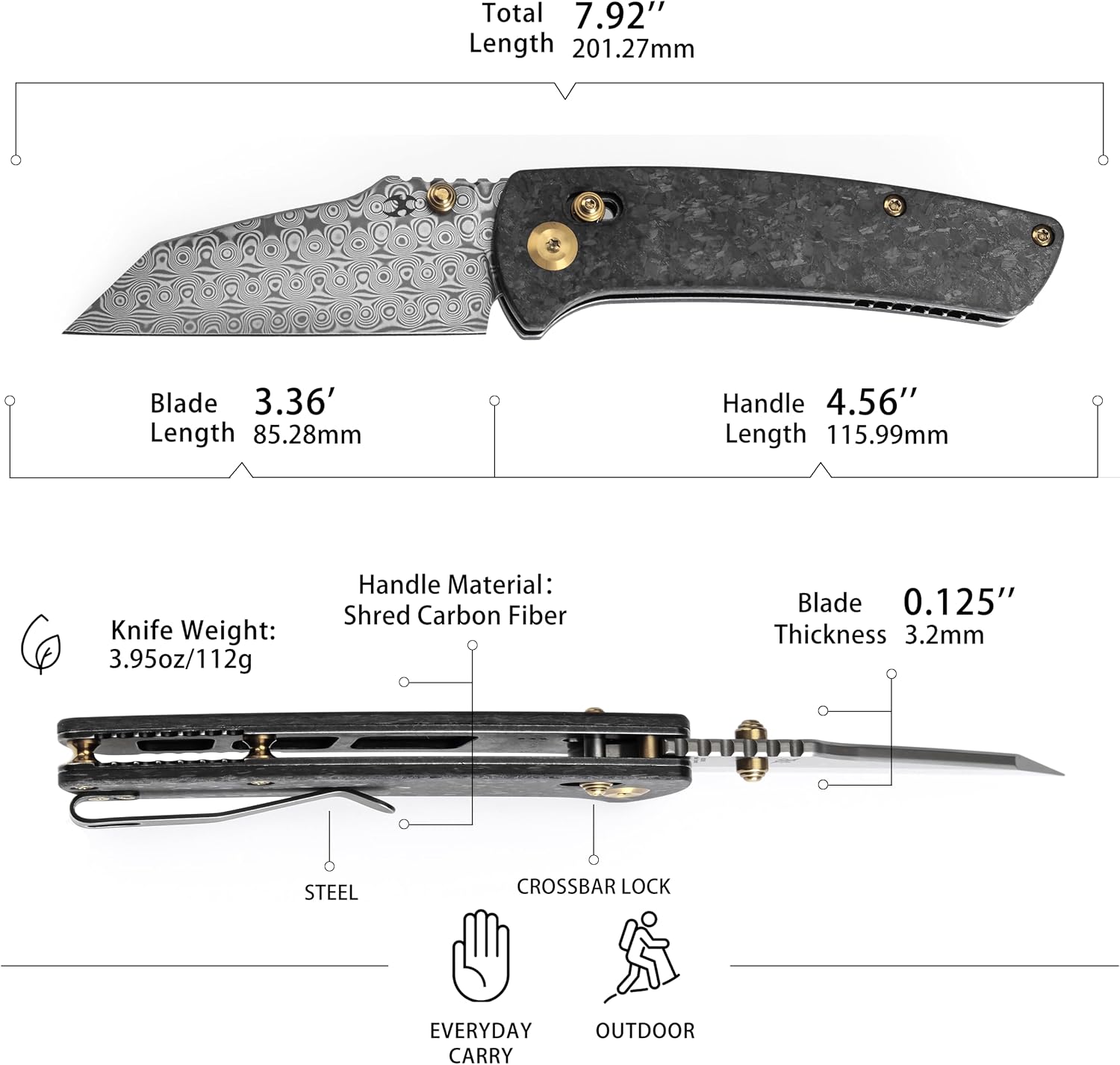 KANSEPT Elite Main Street Pocket Knife, 3.36''Damascus Sharp Tanto Blade, Shred Carbon Fiber Handle with Axis Lock and Thumb Stud,Perfect Clip for EDC, Men Gift Camping Survival Folding knives K1015V1