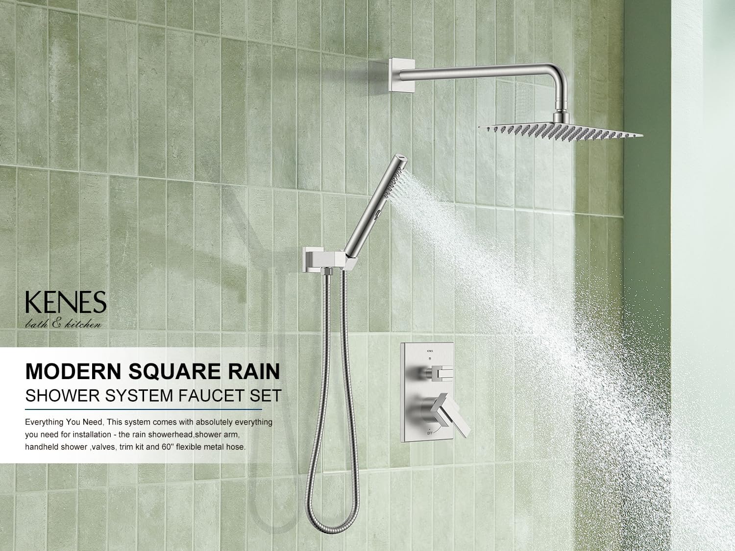 KENES Square Rainfall Shower System Faucet Set, Brushed Nickel Rain Shower Head and Handle Set, 10 Inch Stainless Shower Head with Handheld Spray (Shower Valve Included), LJ-6026A