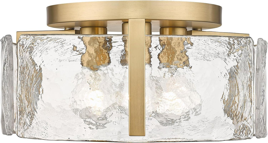 Golden Lighting Aenon 3-Light Hammered Water Glass Metal Flush Mount in Bronze