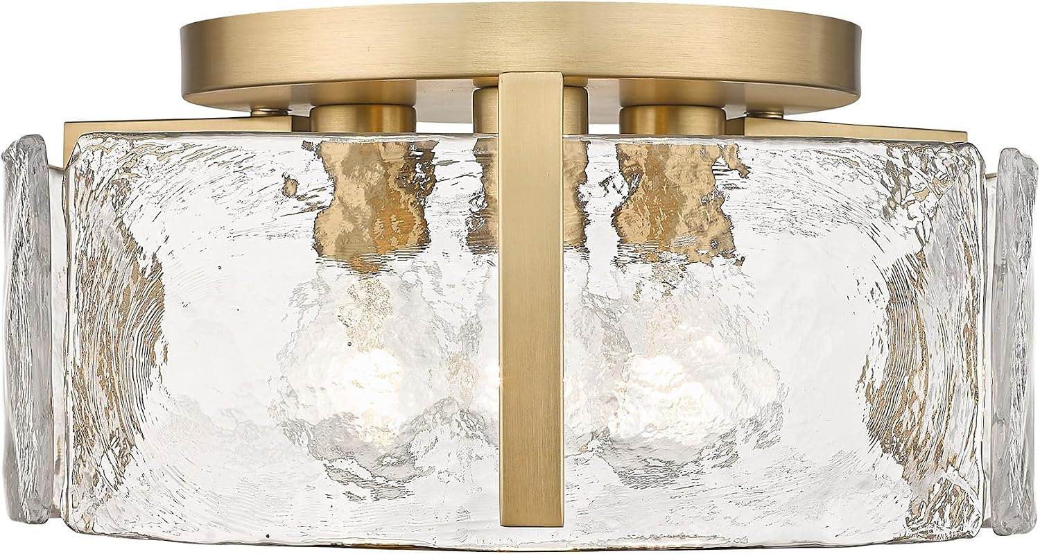 Golden Lighting Aenon 3-Light Hammered Water Glass Metal Flush Mount in Bronze