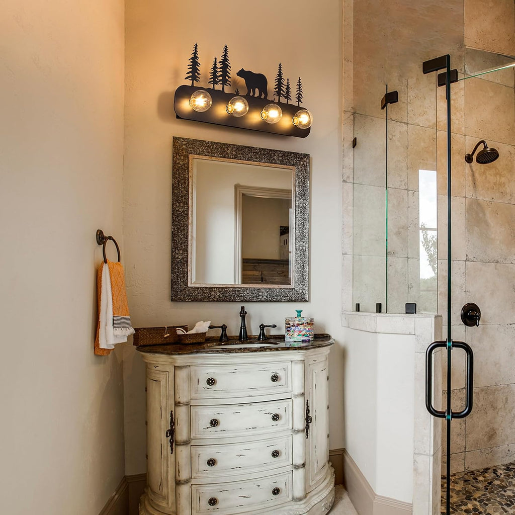 TOCHIC Rustic Bathroom Light Fixtures, 4 Lights Farmhouse Bathroom Vanity Light Over Mirror Dimmable, Western Bear Sconces Wall Lighting for Mirror Cabinets, Powder Room, Living Room, Black, 26'L