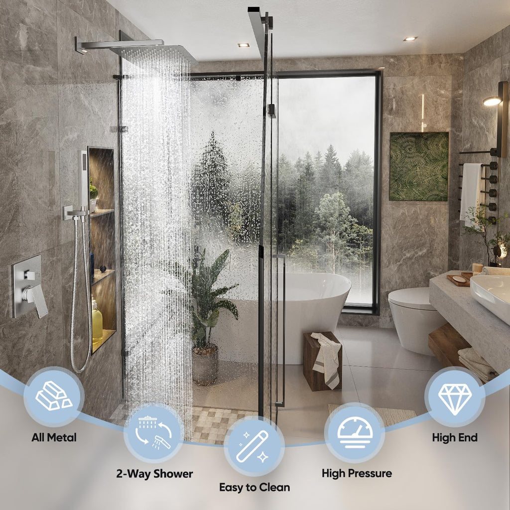 Gabrylly Shower System Brushed Nickel, Rain Shower head with handheld Shower Spray Combo, Rainfall Shower Faucet Set Complete, High Pressure 10' Stainless Steel Shower Valve Set
