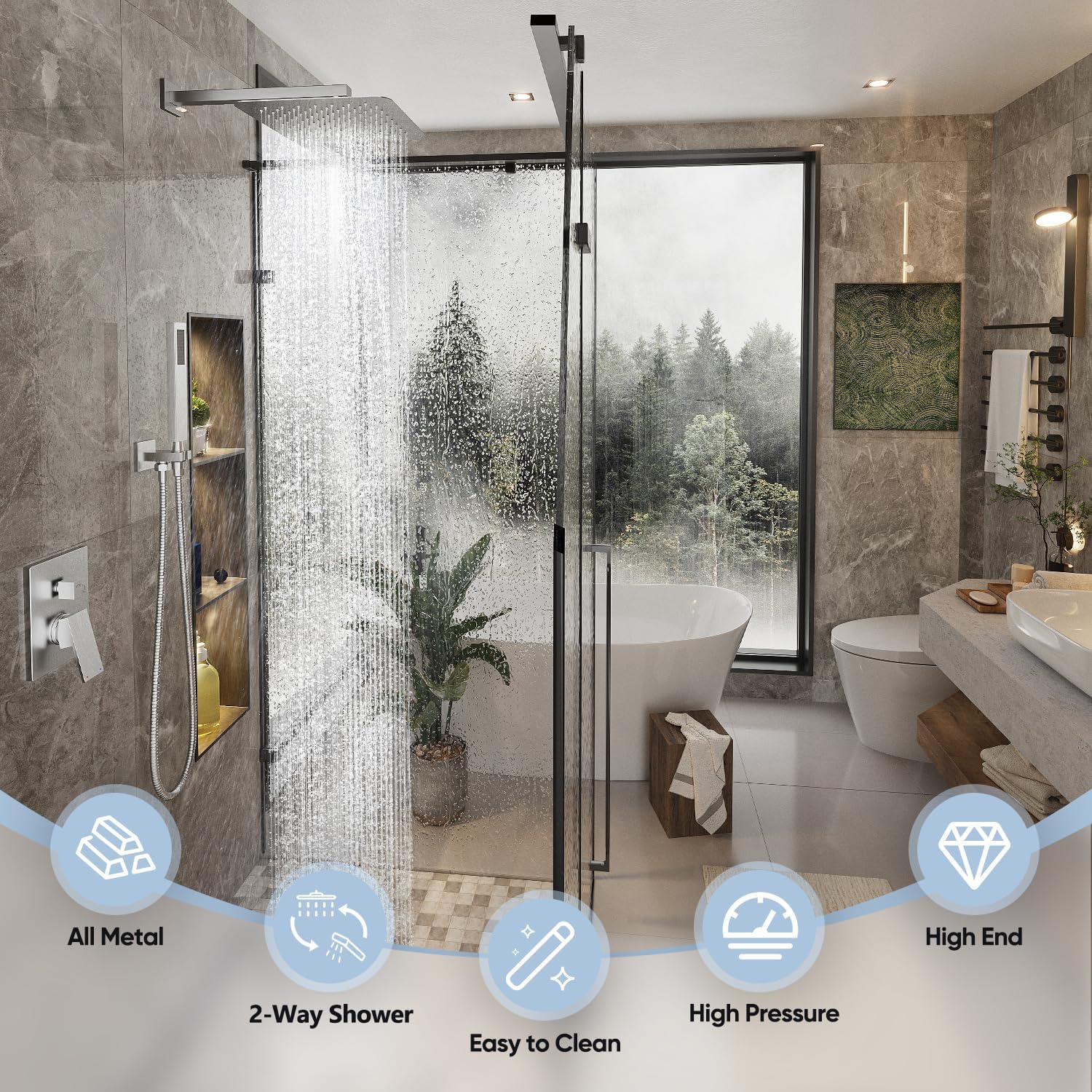Gabrylly Shower System Brushed Nickel, Rain Shower head with handheld Shower Spray Combo, Rainfall Shower Faucet Set Complete, High Pressure 10' Stainless Steel Shower Valve Set