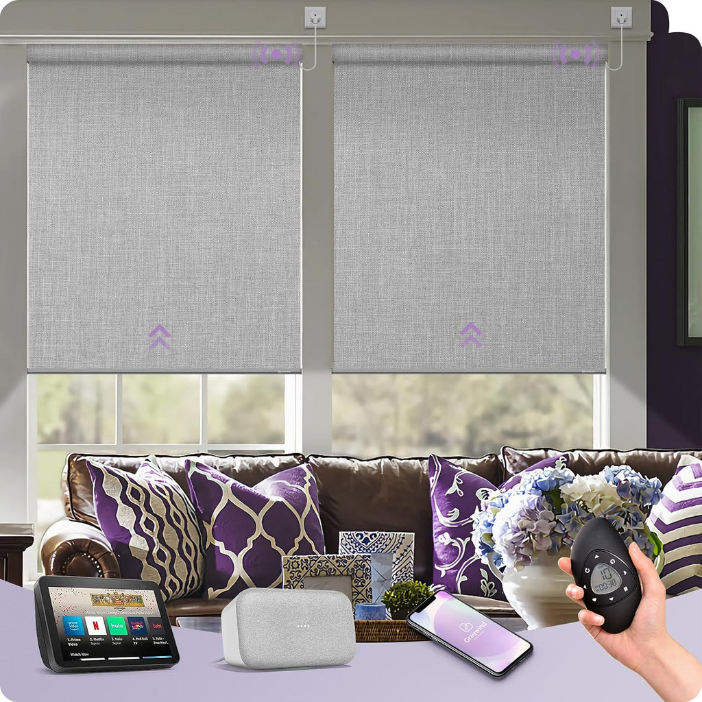 Graywind Smart Blackout Roller Shades Work with Alexa Google WiFi Hardwired Triple Weaved Fabric Motorized Blinds Remote Window Shades, Custom Size (Cloudy Grey)