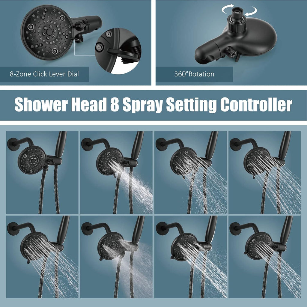 Aolemi Shower Faucet Set with Tub Spout Rain Shower Head System Shower Trim Kit Pressure Rough-in Valve Included ABS 8 Setting Dual Shower Head and Handheld Spray Matte Black