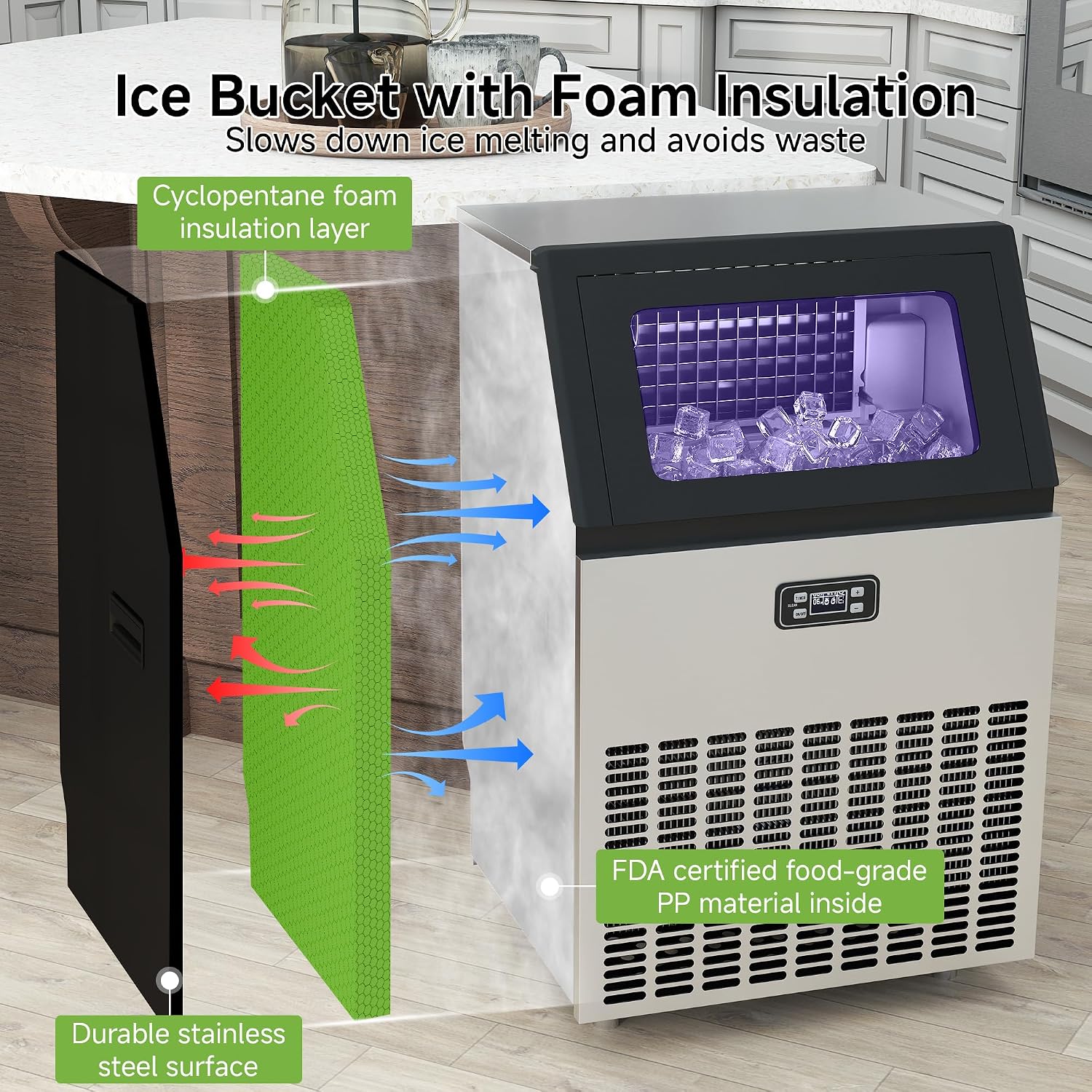 Real Relax Commercial Ice Machine, 270LBS/24H ETL Approval Under Counter Ice Maker Machine, 48LBS Ice Storage Capacity, Auto Self-Cleaning, LCD Display, with Ice Scoop for Party Bars