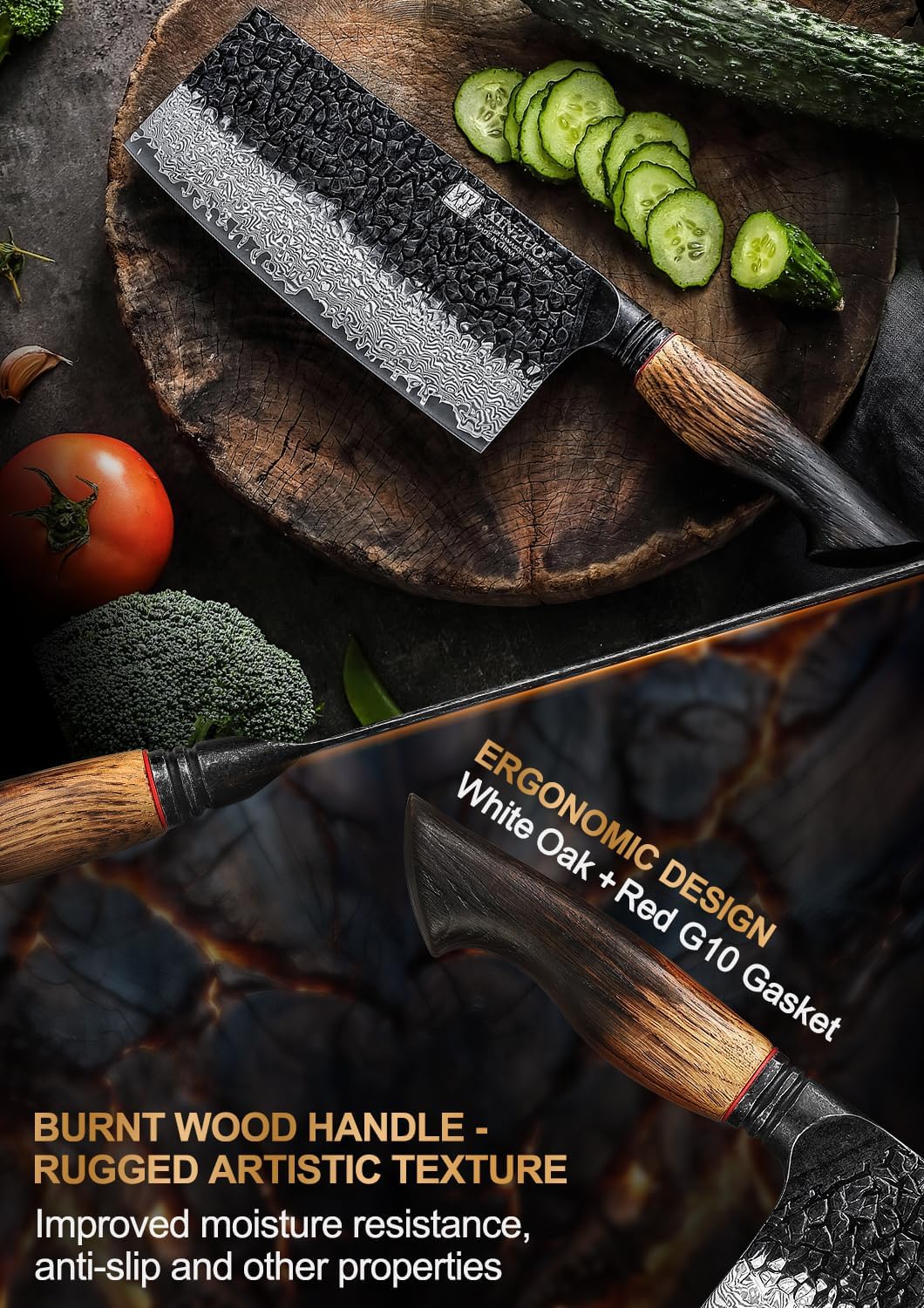 XINZUO 7.3 Inch Vegetable Cleaver Knife,10Cr15Comov Steel Core Forged Damascus Steel,Sharp Slicing Knife For Home Kitchen And Restaurant,Ergonomic White Oak + Red G10 Gasket Handle