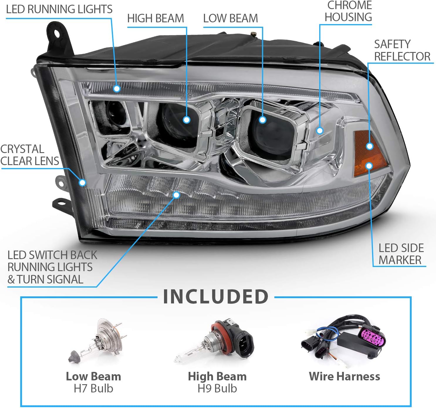 AmeriLite for 2009-2018 Dodge Ram Pickup [Quad/Projector Model] Dual Square Projector Switchback LED Tube Chrome Headlights Assembly Set - Passenger and Driver Side