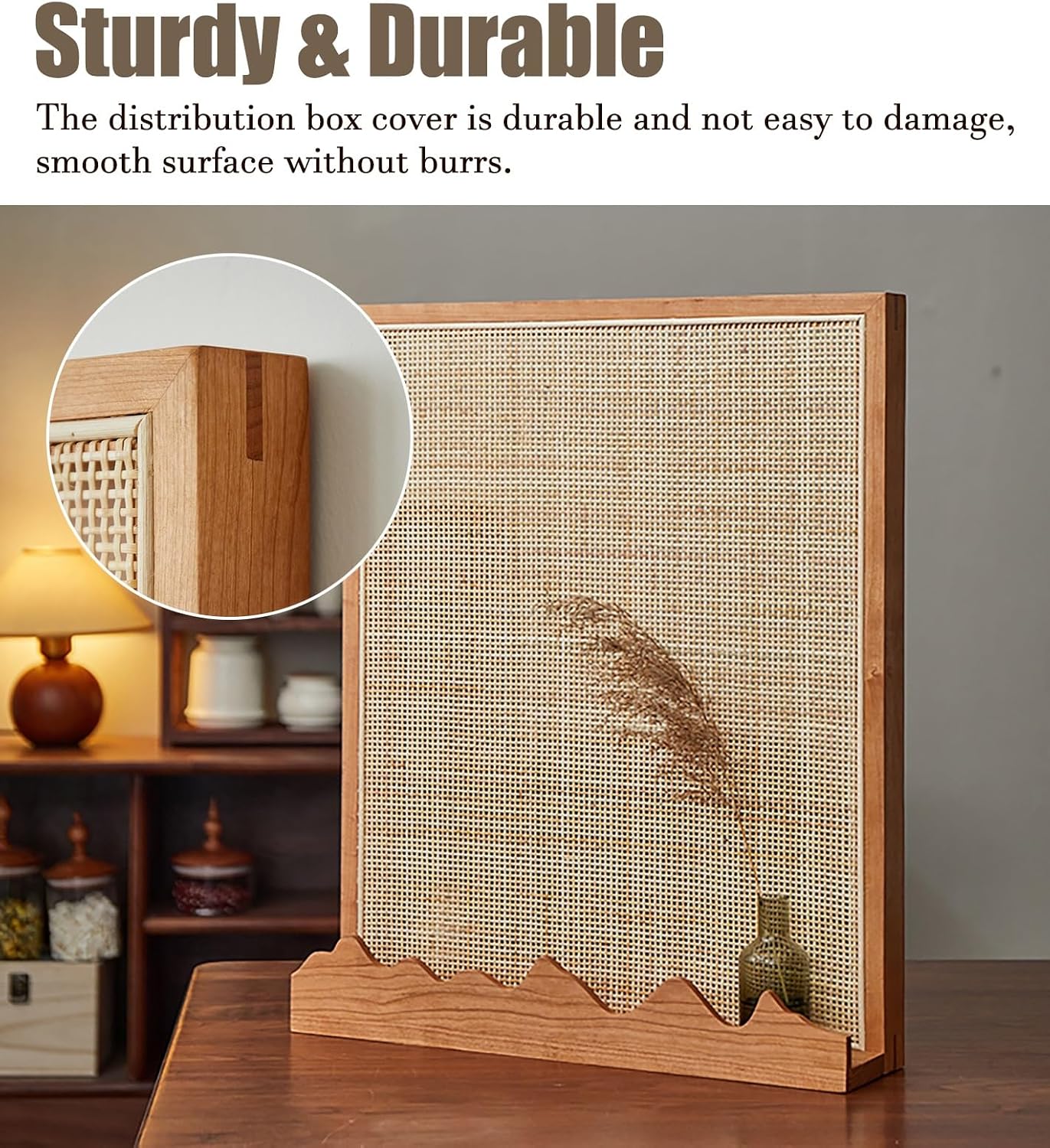 Electrical Panel Cover Wooden Frame Electric Panel Cover, Fuse Box Cover with Rattan Mesh & Shelf, Breaker Box Cover Suspension Mounting, Living Room/ Farmhouse Decor(WXL-45 x 55CM-17 3/4 x 21 5/8')