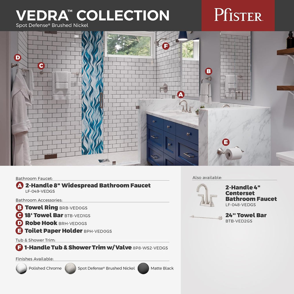 Pfister Vedra Bathroom Sink Faucet, 8-Inch Widespread, 2-Handle, 3-Hole, NSF Certified, Spot Defense Brushed Nickel Finish, LF049VEDGS