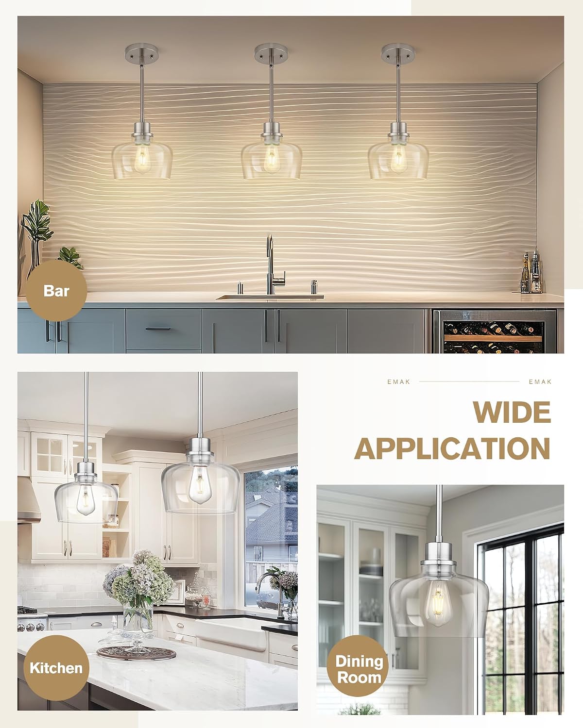 Emak 8 Inch Clear Glass Pendant Lights Kitchen Island, 2 Pack Brushed Nickel Pendant Light Fixtures, Modern Island Lights for Kitchen, Dining Room, Bar, PL122-BN-CG-2PK