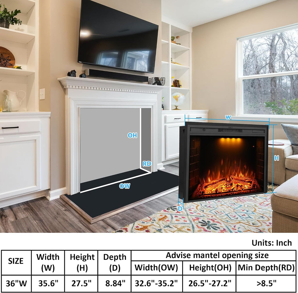 36 inch Electric Fireplace, Wall Fireplace Electric with Remote Control, Realistic Log and Crackling Sound, Overheating Protection and Timer, 750/1500W Black