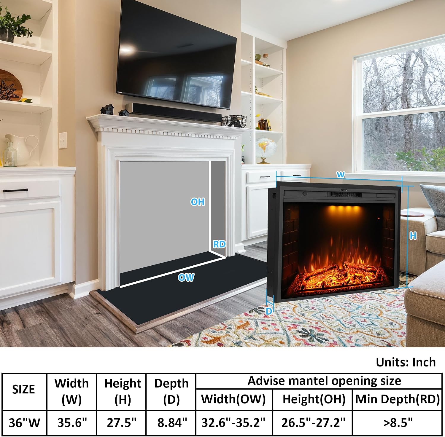 36 inch Electric Fireplace, Wall Fireplace Electric with Remote Control, Realistic Log and Crackling Sound, Overheating Protection and Timer, 750/1500W Black