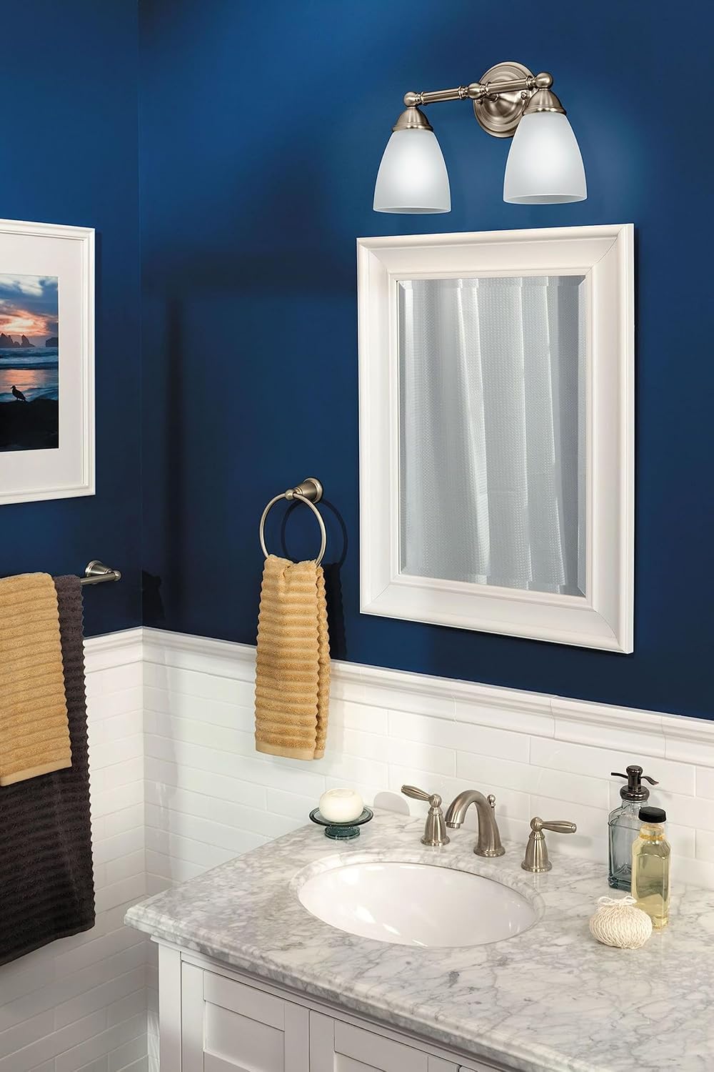 Moen Brushed Nickel Brantford 2-Light Dual-Mount Bath Bathroom Vanity Fixture with Frosted Glass, YB2262BN