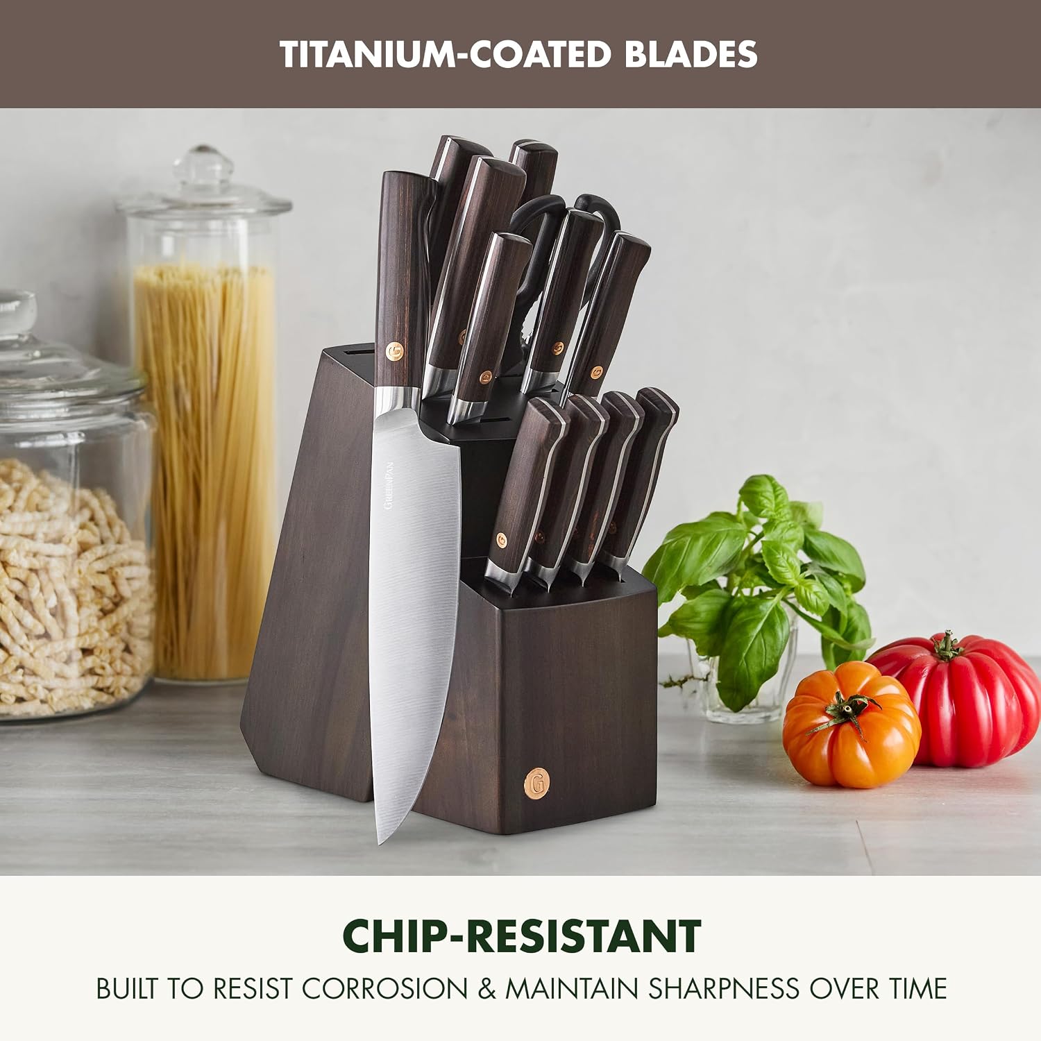GreenPan Elite 13 Piece Wooden Knife Block Set, Professional Stainless Steel Blades with Titanium Coating, Ultra-Sharp Kitchen Cutlery, Chef, Santoku, Bread & Steak Knives, Ergonomic Brown Wood Handle