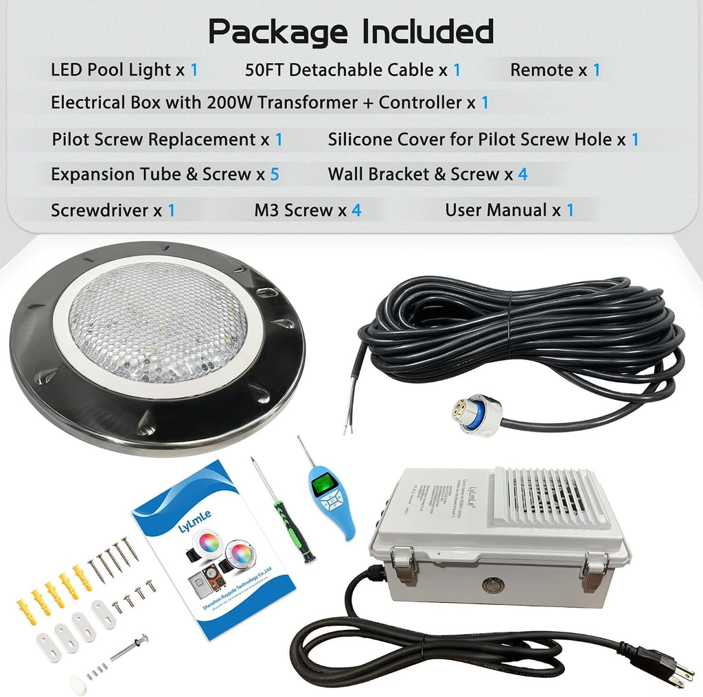 LyLmLe Pool Light for Inground Pools, 65W 12V RGBW LED Multicolor Inground Pool Light with Transformer Controller, 316 Stainless Steel,14 Color Lights Show LED Pools Lights for 10' Niche, 50FT Cord