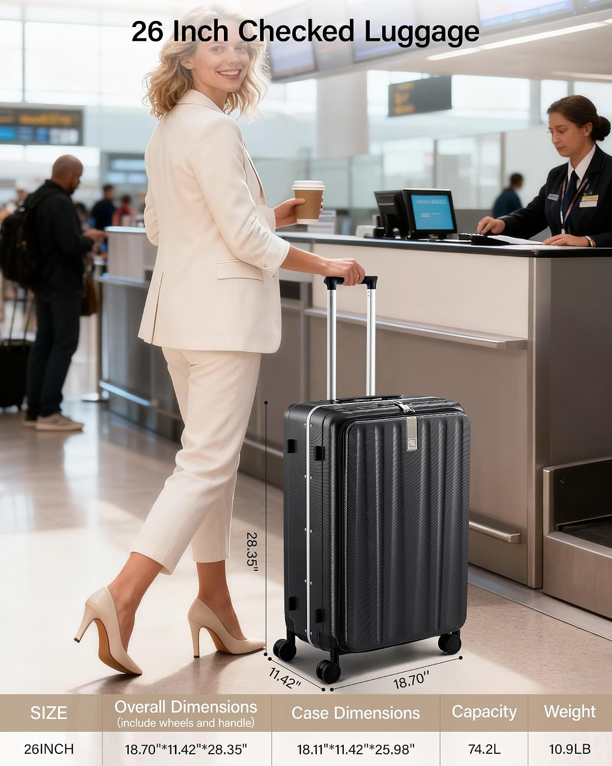 Hanke 26 Inch Large Checked Luggage PC Hard Shell Luggage Top Opening Travel Luggage Suitcases with Wheels for Woman Men.(Jet Black)