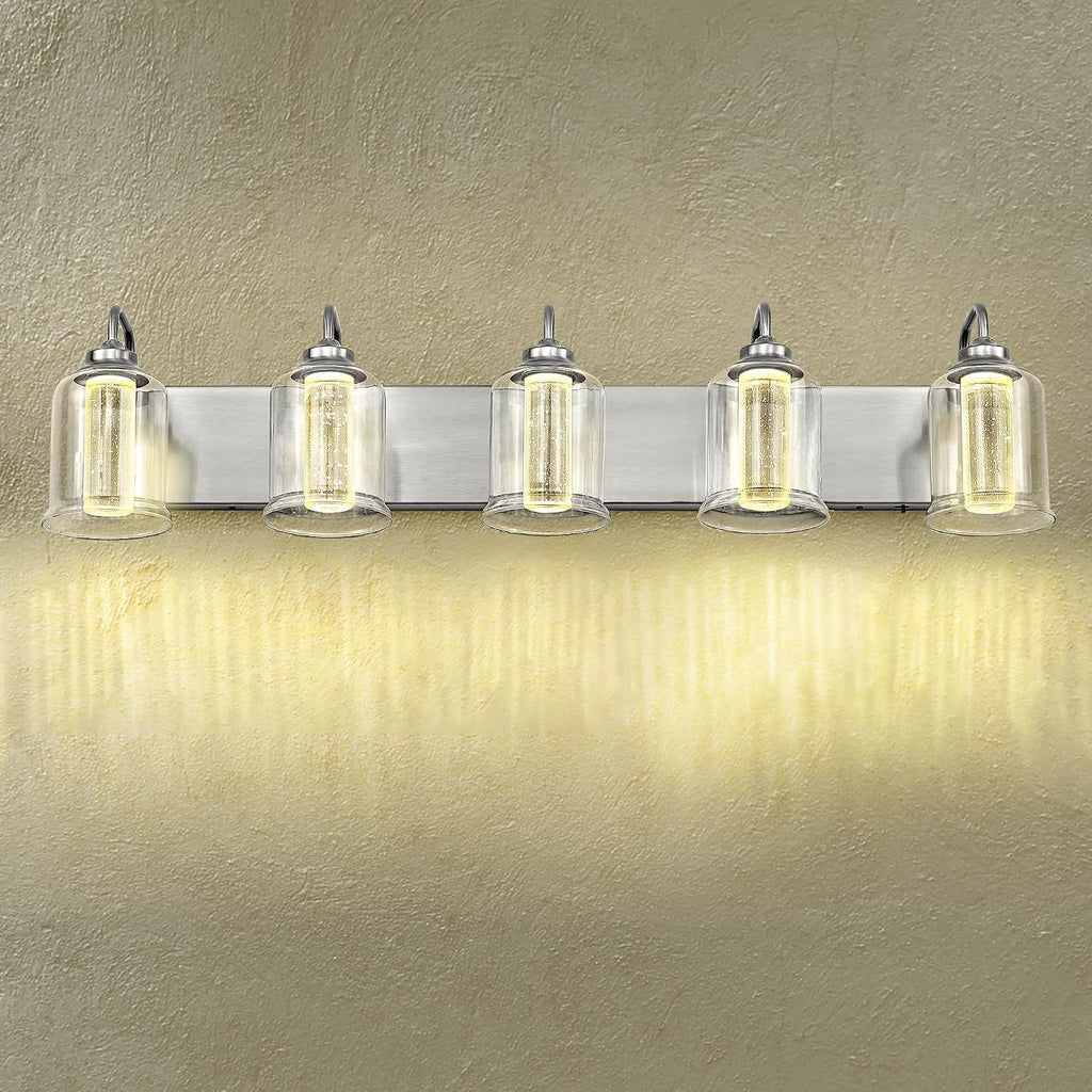 zeyu 30W Dimmable Bathroom Lighting, 5 Light LED Bathroom Wall Lights with 5 Color Modes, Brushed Nickel Finish with Crystal Bubble and Clear Glass, ZSL72B-5W LED BN