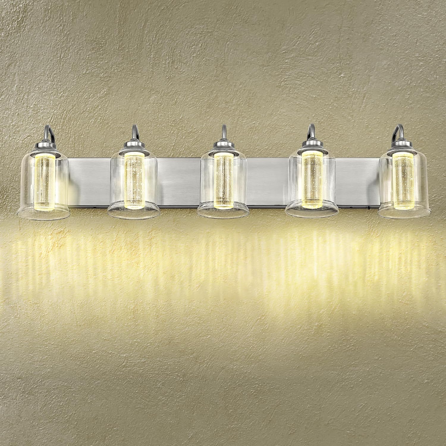 zeyu 30W Dimmable Bathroom Lighting, 5 Light LED Bathroom Wall Lights with 5 Color Modes, Brushed Nickel Finish with Crystal Bubble and Clear Glass, ZSL72B-5W LED BN