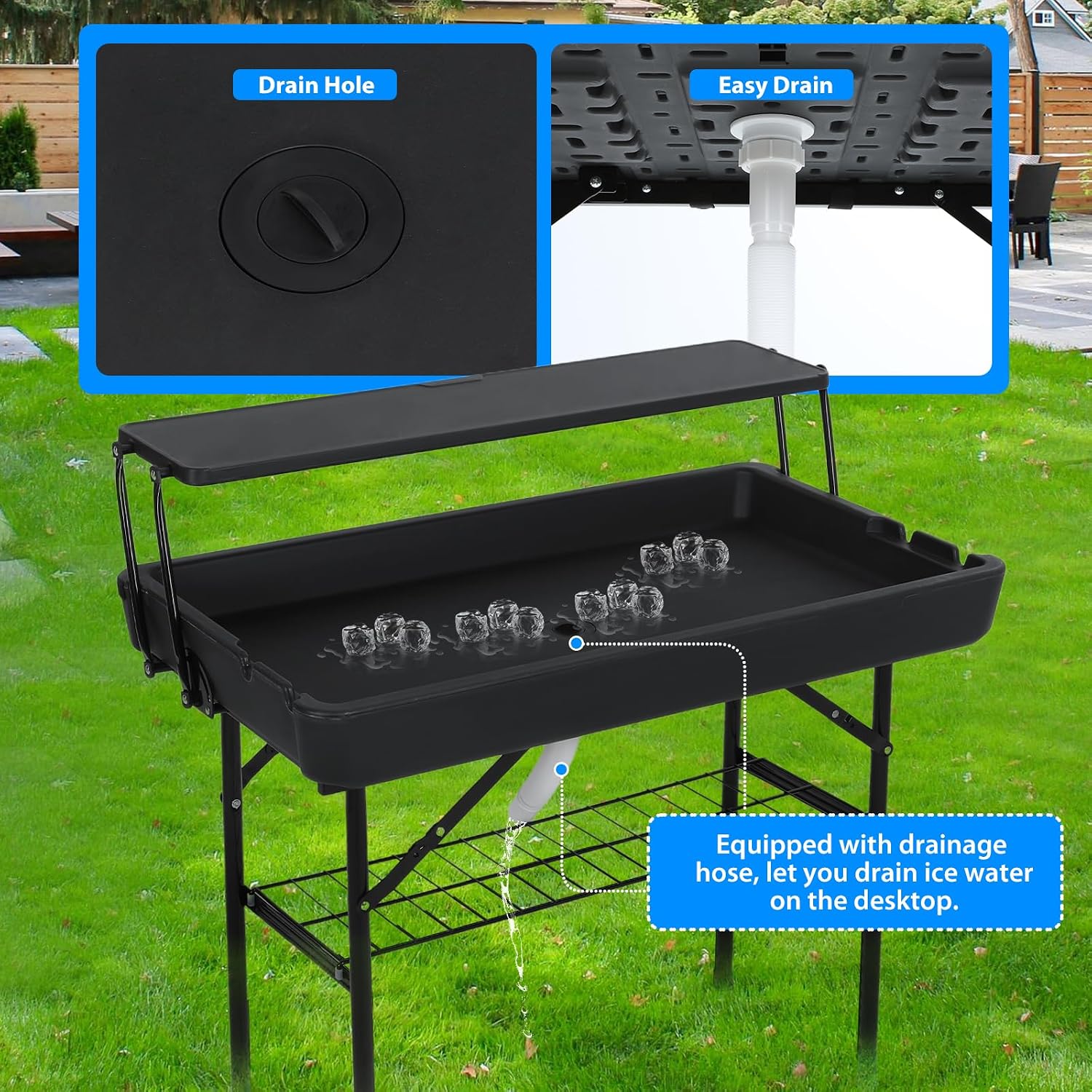 Nice C 4 ft Folding Ice Cooler Table, Party Cooler, Grazing Table with Drain, Bar Cooler Tables, with Matching Skirt, Storage Shelf (Black)