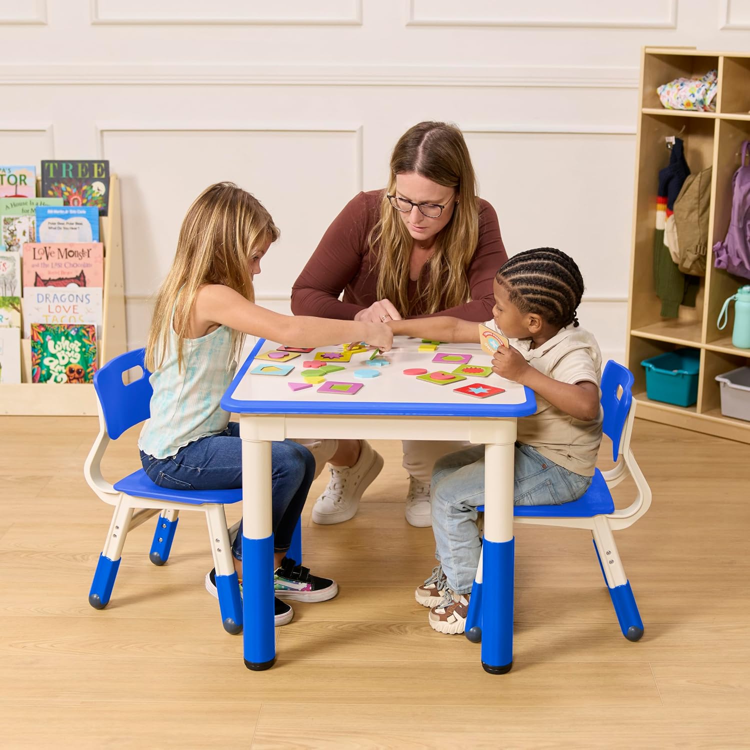 ECR4Kids Dry-Erase Square Activity Table with 2 Chairs, Adjustable, Kids Furniture, Blue, 3-Piece